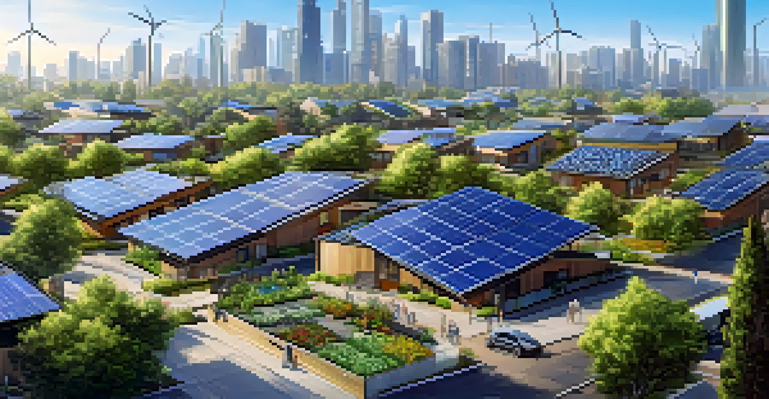 A modern urban landscape with solar panels, electric vehicles, and community gardens, highlighting sustainability and green technology under a clear sky.