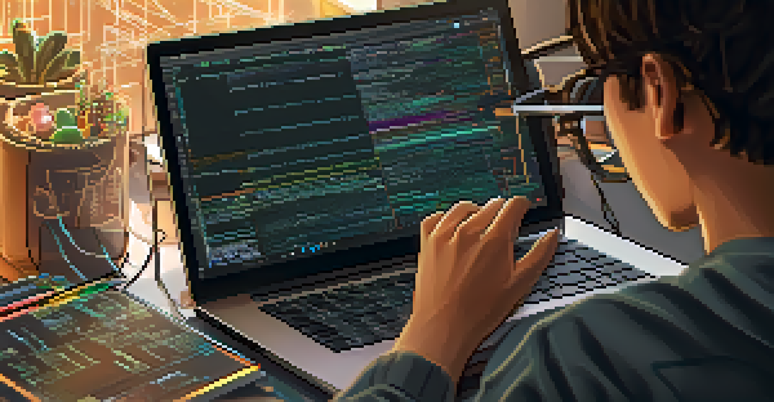 A student's hands coding on a laptop with sticky notes about ethical considerations in technology nearby.