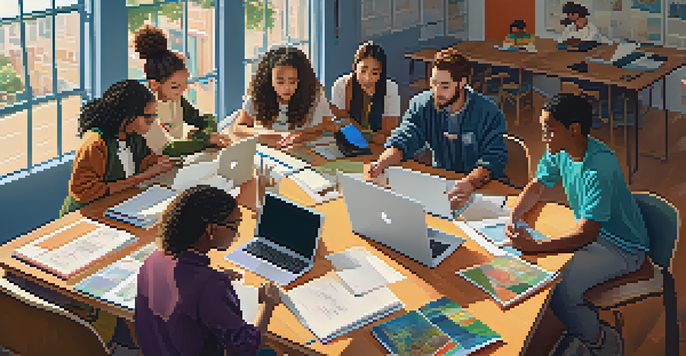 A diverse group of students working together at a table, sharing ideas and collaborating on a project in a bright classroom environment.