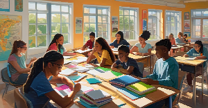 A diverse group of students collaborating on a project in a bright classroom, with sunlight streaming through windows and colorful materials on the table.