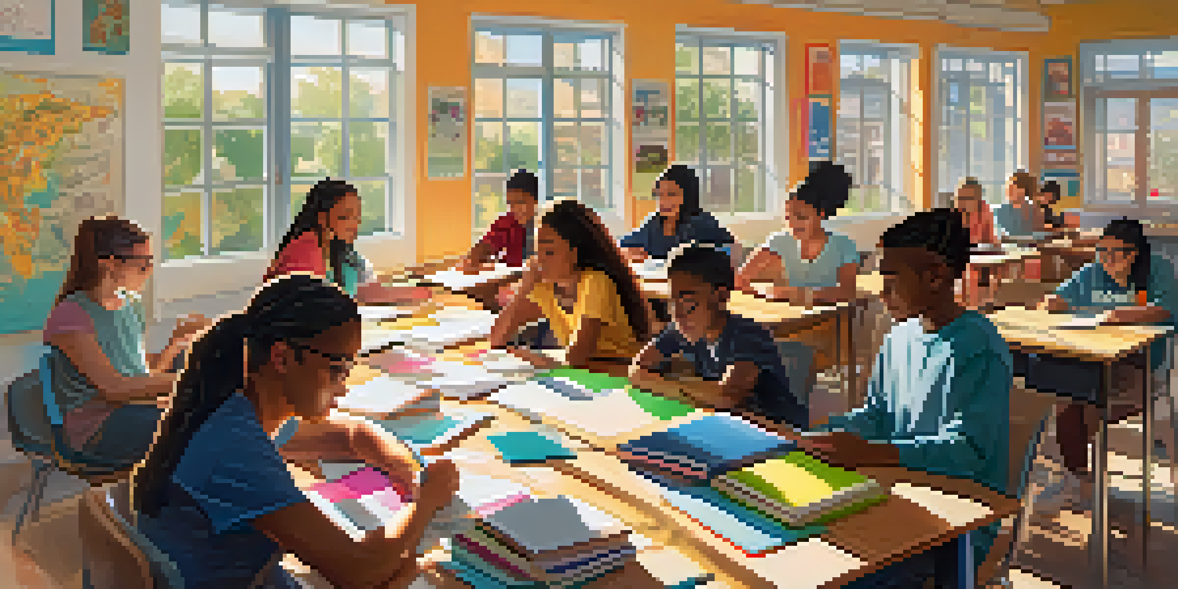 A diverse group of students collaborating on a project in a bright classroom, with sunlight streaming through windows and colorful materials on the table.