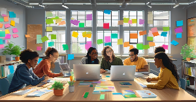 A group of diverse students working together at a table, surrounded by laptops and colorful notes in a well-lit classroom.