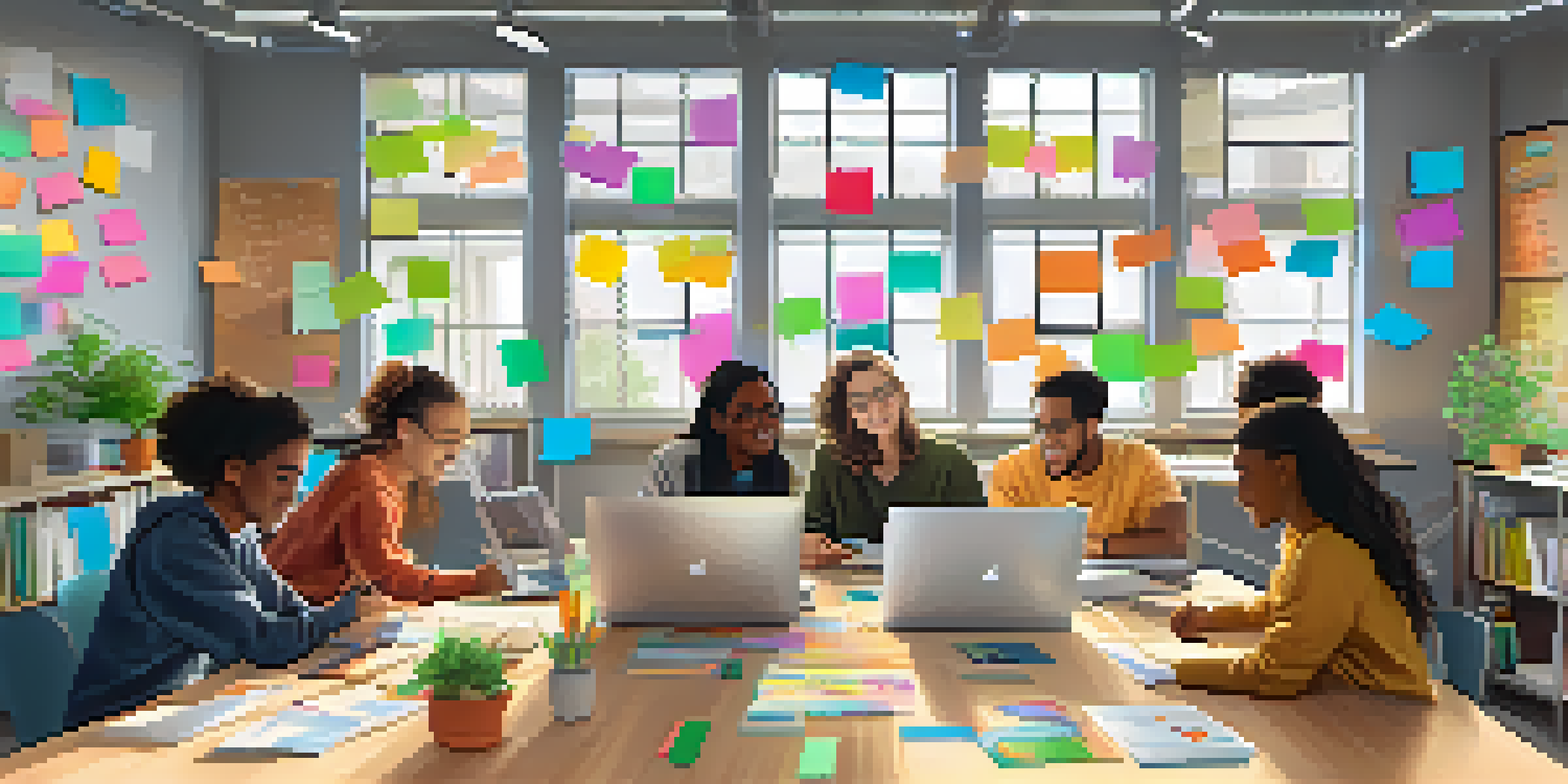 A group of diverse students working together at a table, surrounded by laptops and colorful notes in a well-lit classroom.