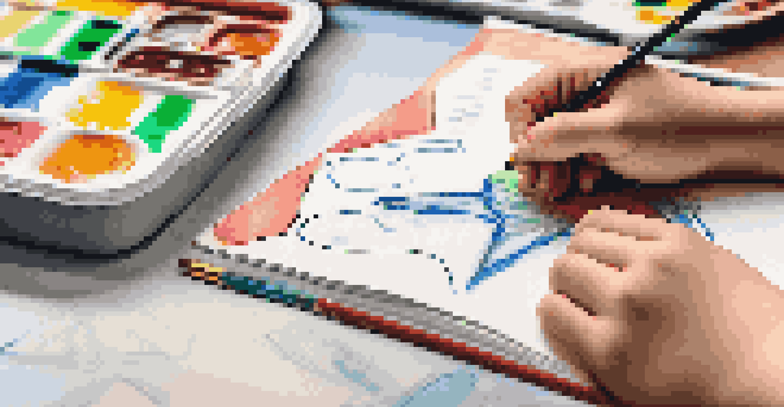 A close-up of a student's hands creating a project with markers and paper, focused on incorporating new vocabulary words, with a bright window in the background.