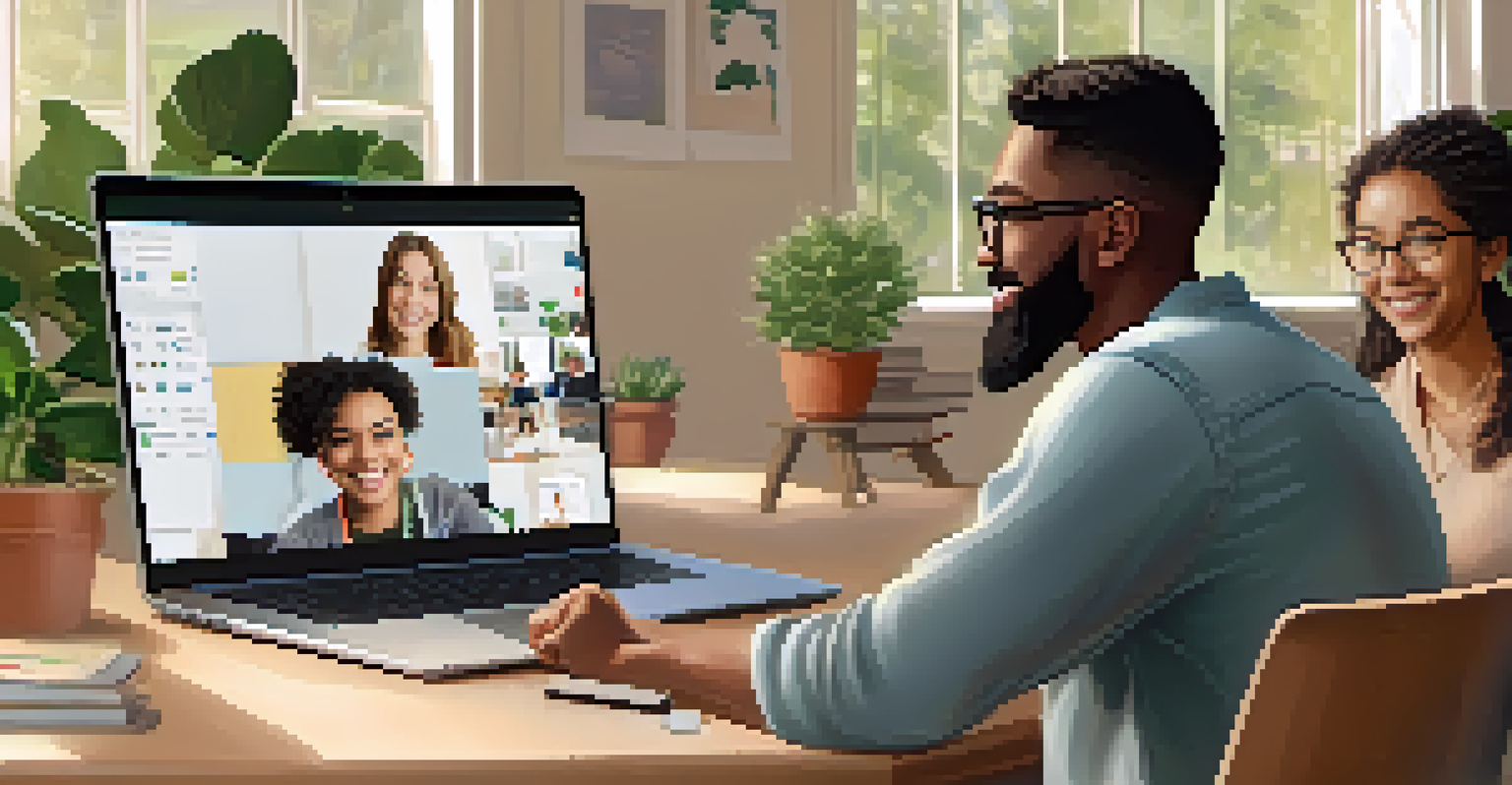 An instructor giving feedback through a video call, with students taking notes and engaging in discussion on their devices, set in a warm and inviting background.