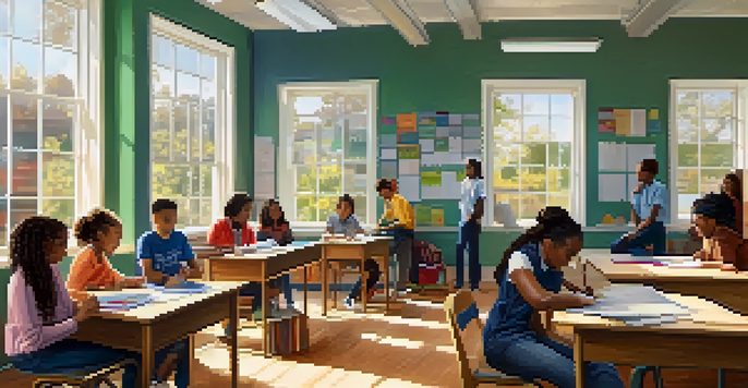 A diverse group of students collaborating on a project in a colorful classroom, with sunlight streaming through the windows.