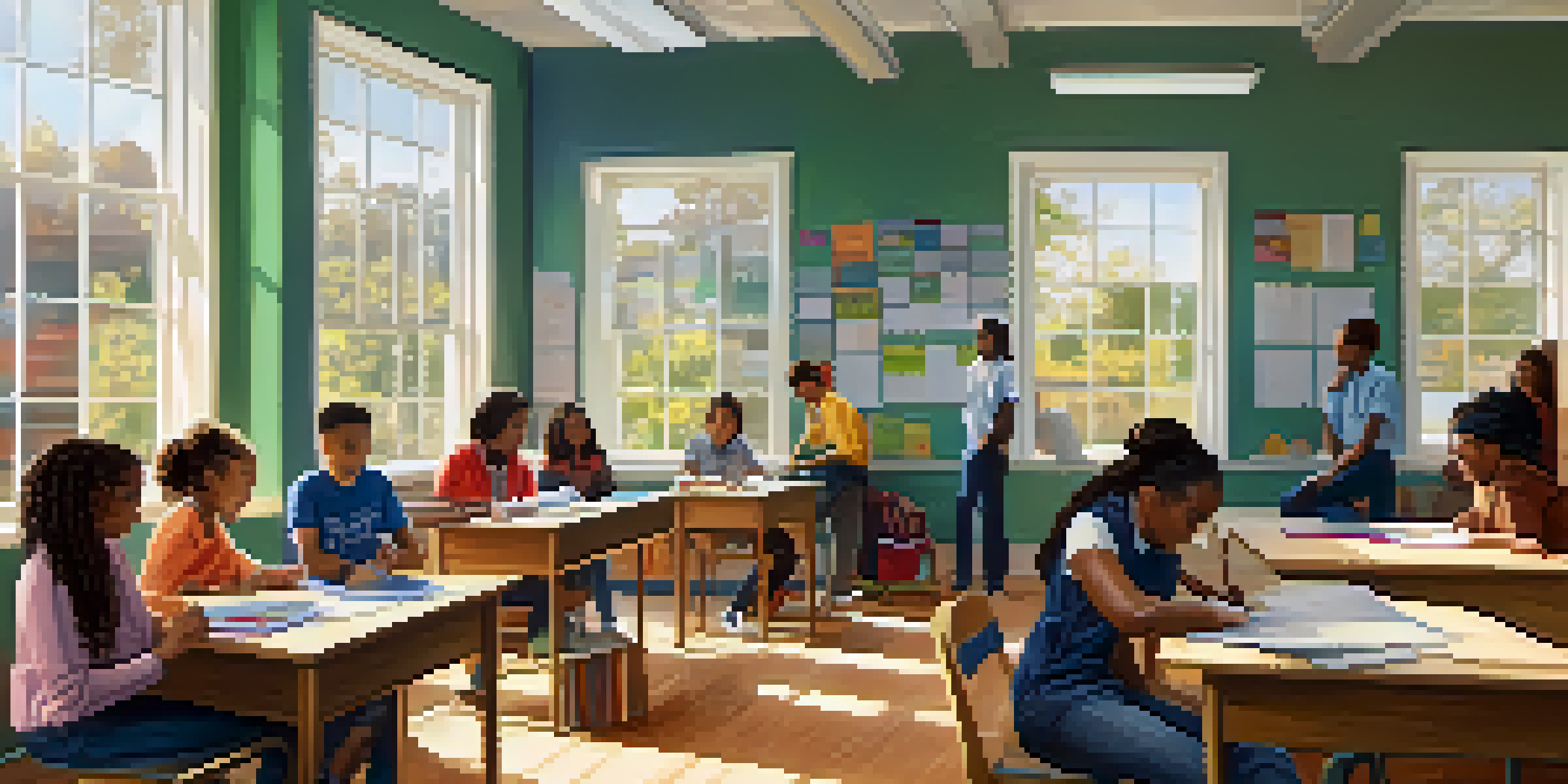A diverse group of students collaborating on a project in a colorful classroom, with sunlight streaming through the windows.