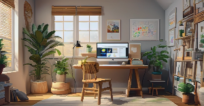 A virtual classroom with a laptop on a desk, colorful educational posters in the background, and a small plant, all illuminated by warm lighting.