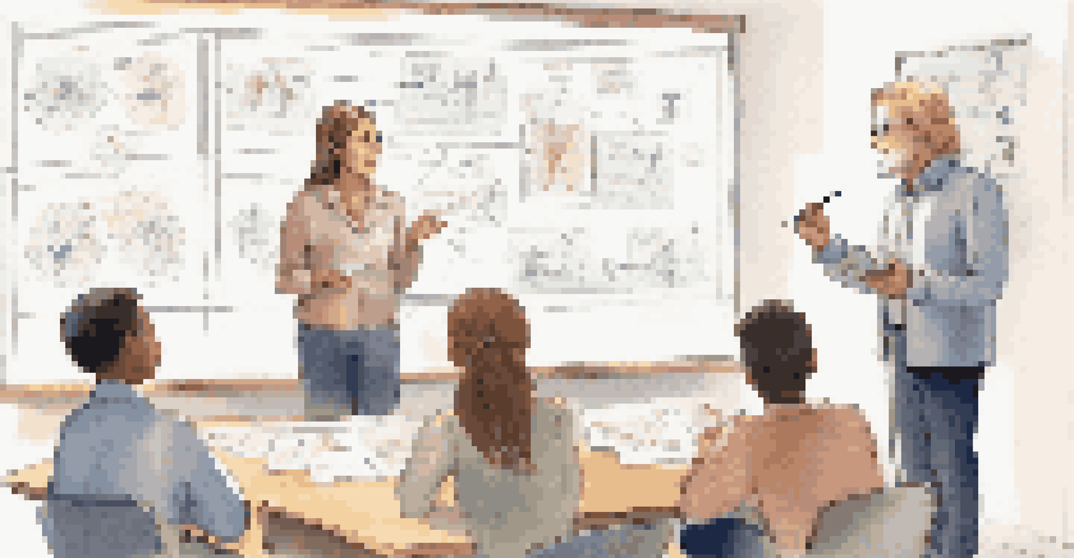A teacher explaining a concept in a bright classroom with students engaged at their desks.