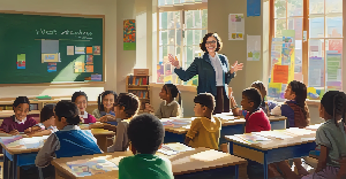 A classroom with a teacher interacting with diverse students, sunlight streaming through windows, and colorful educational materials.