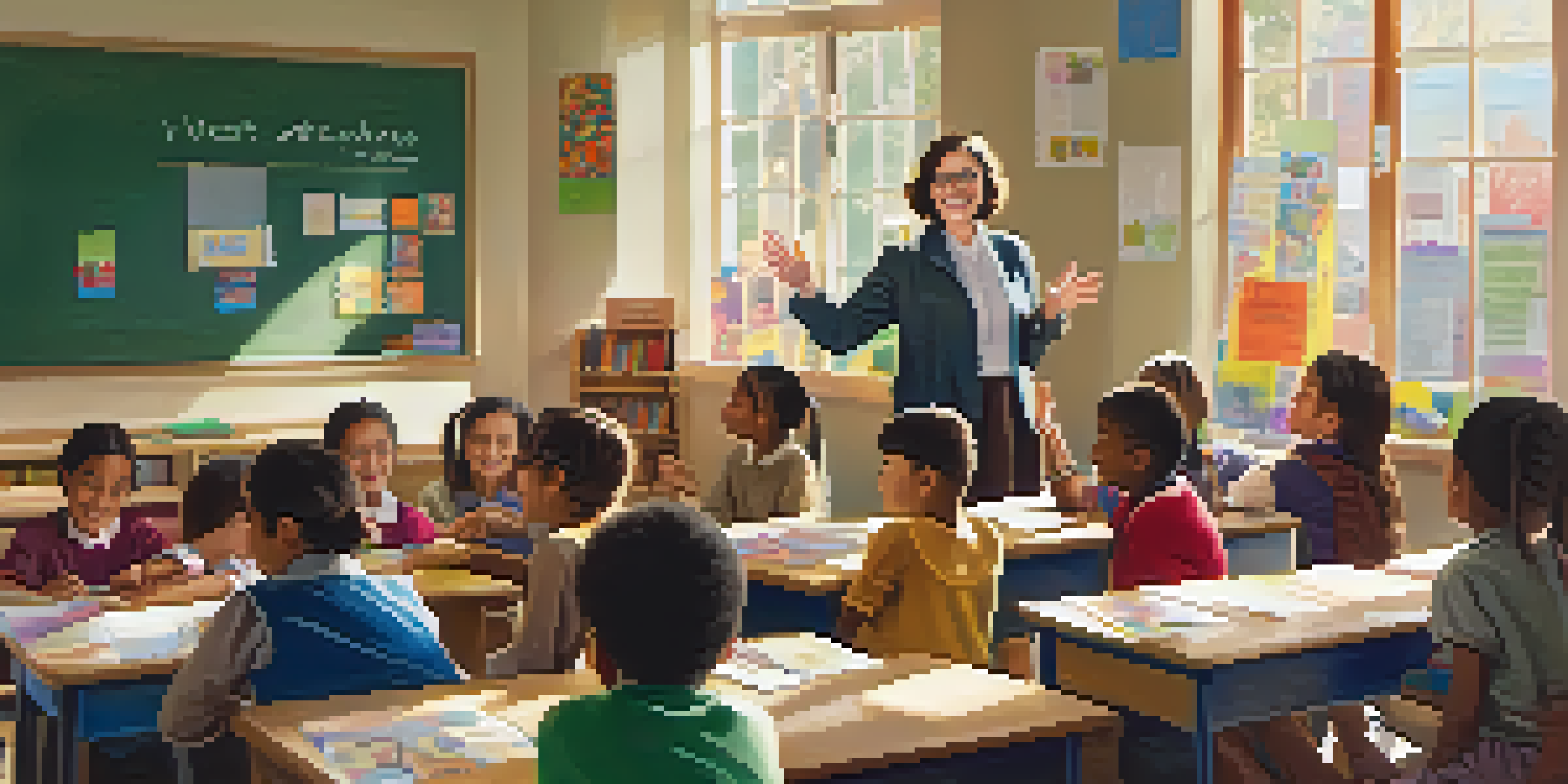 A classroom with a teacher interacting with diverse students, sunlight streaming through windows, and colorful educational materials.