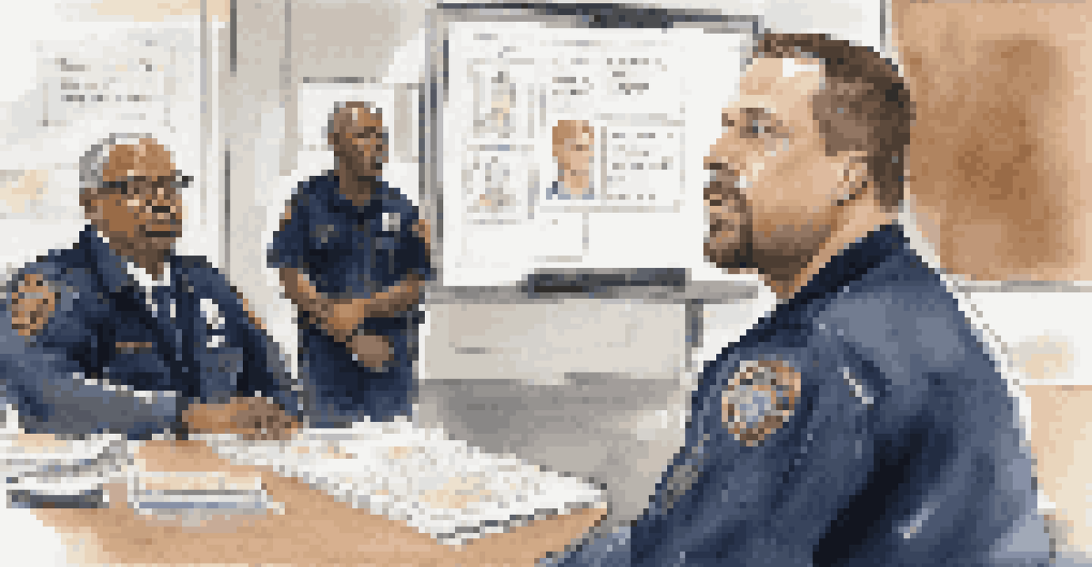 A close-up of a first responder in uniform listening attentively during a crisis management meeting in a conference room.