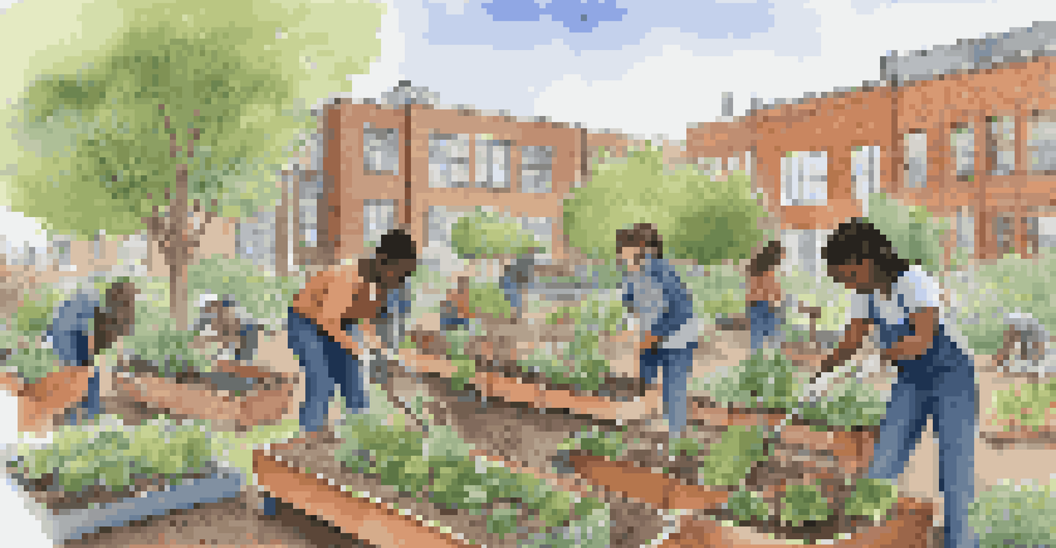 Students of different backgrounds working together in a community garden, planting seeds and discussing environmental science, set against an urban backdrop.