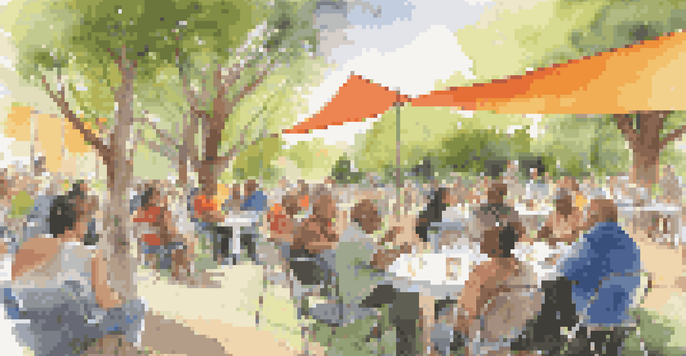 A diverse group of people engaged in a lively discussion at a community forum, surrounded by greenery and colorful banners.