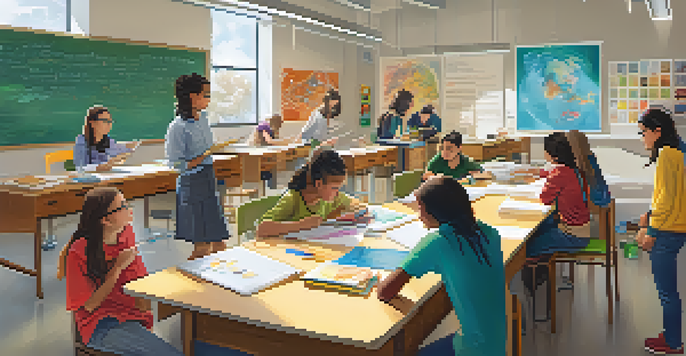 A lively classroom with students collaborating on a science project, filled with colorful decorations and natural light.