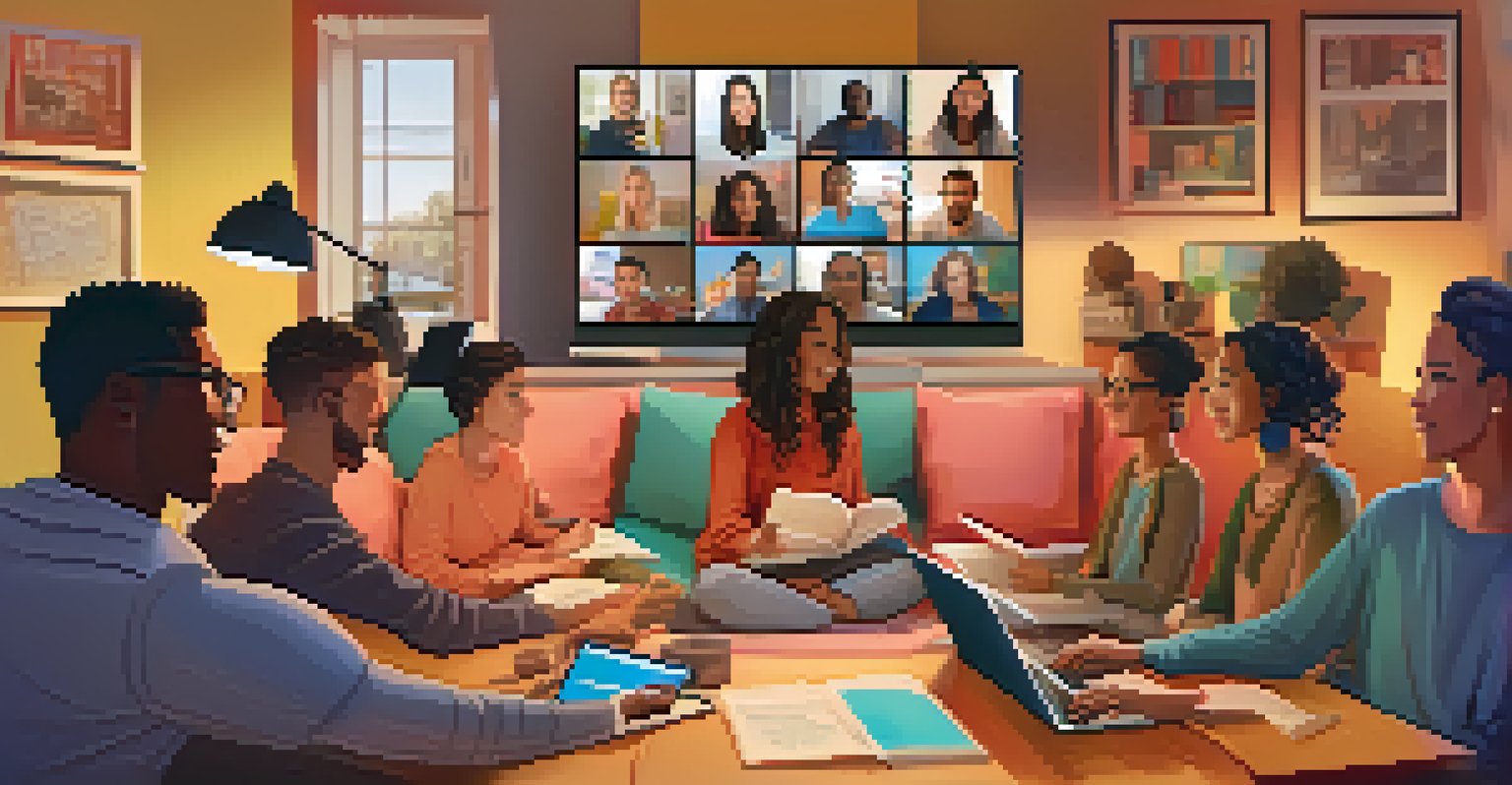A video call displaying a diverse online study group collaborating over a shared document.