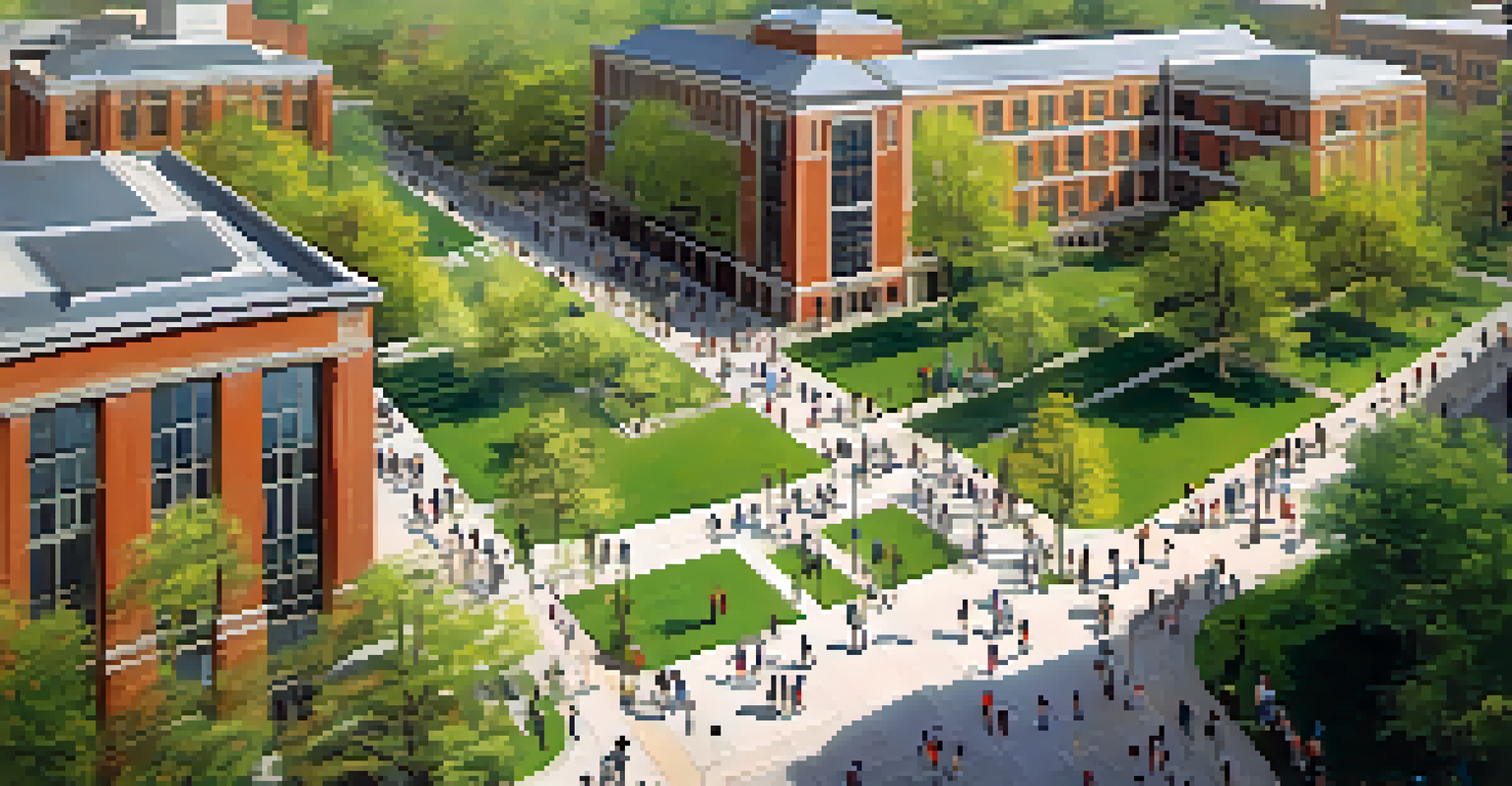 Aerial view of a university campus with students walking between classes, surrounded by green spaces.
