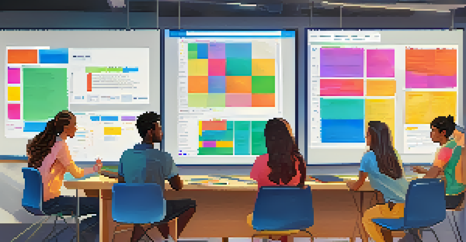 A group of students collaborating on a project in a breakout room, using digital tools and sharing their work on a screen.