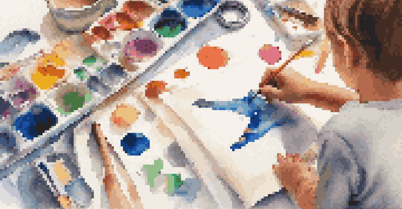 A child's hands painting a colorful space-themed artwork, surrounded by art supplies in a cozy setting.