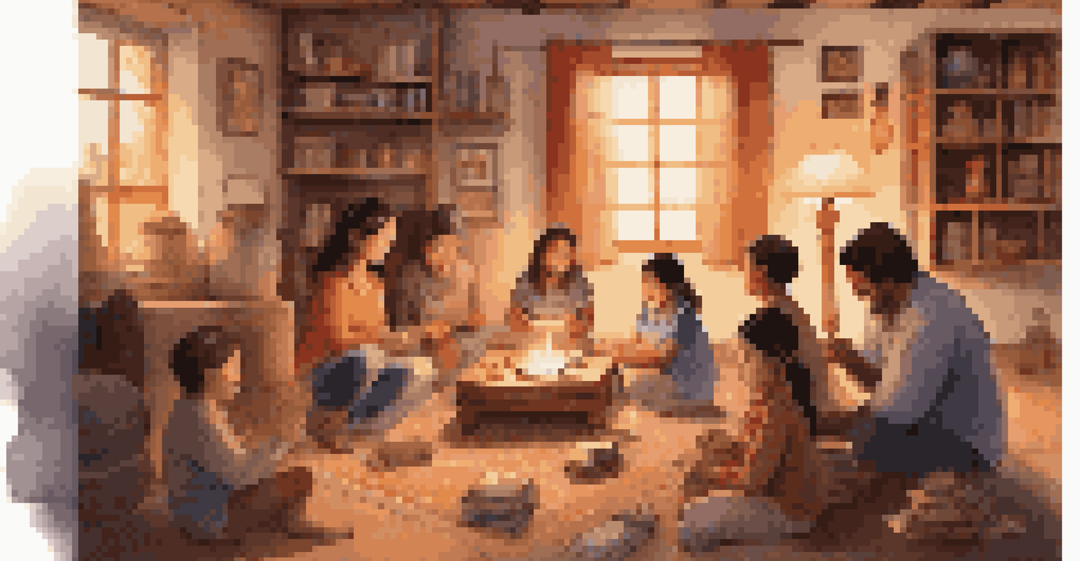 A family gathered in a cozy living room, sharing cultural stories with books and art supplies around them.