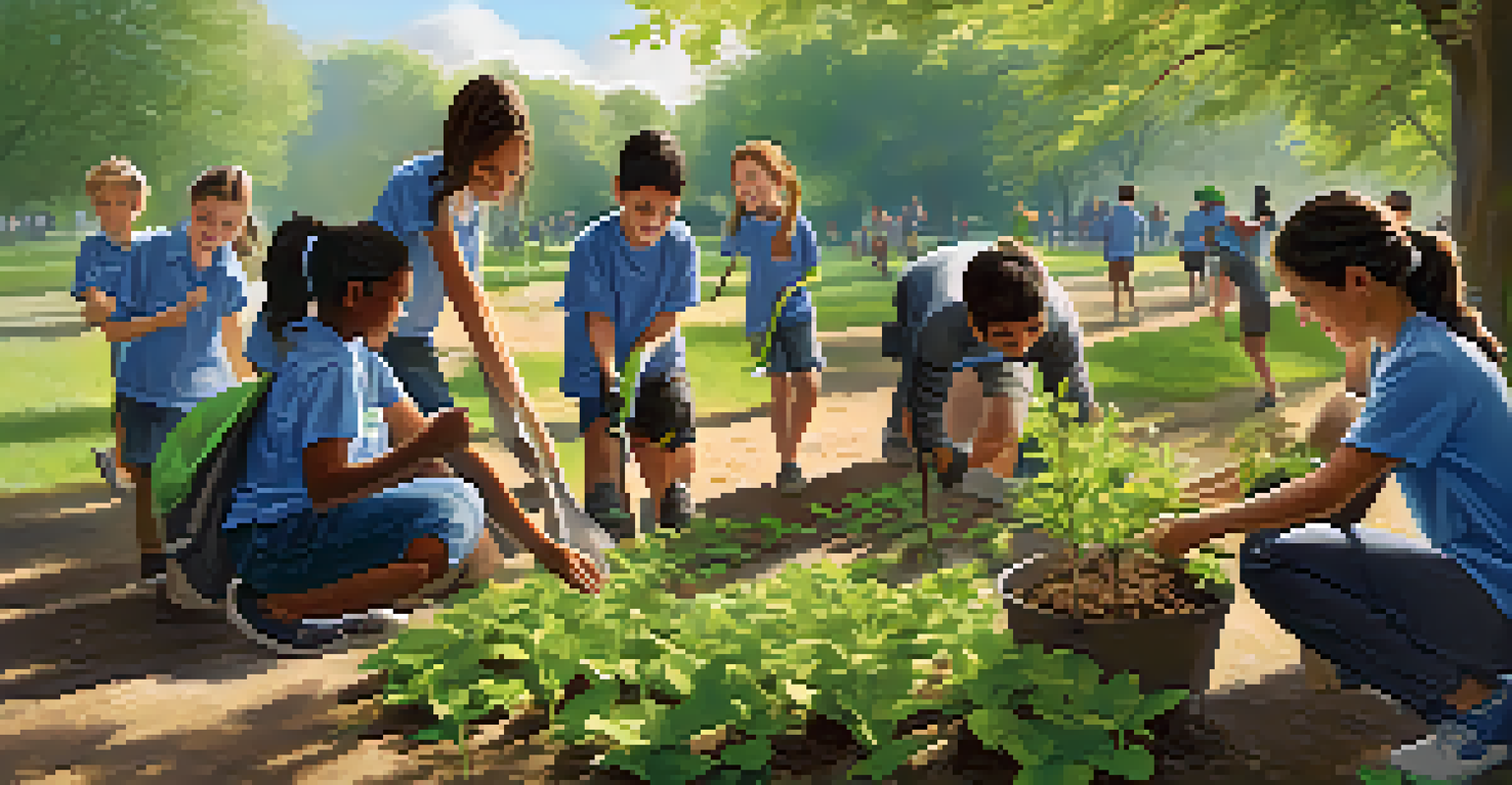 Students planting trees in a park, showcasing teamwork and environmental commitment under sunlight filtering through leaves.