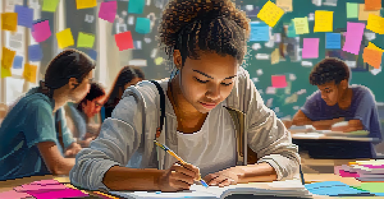 A student writing in a journal, with sticky notes around them, reflecting on a group project in a collaborative classroom.