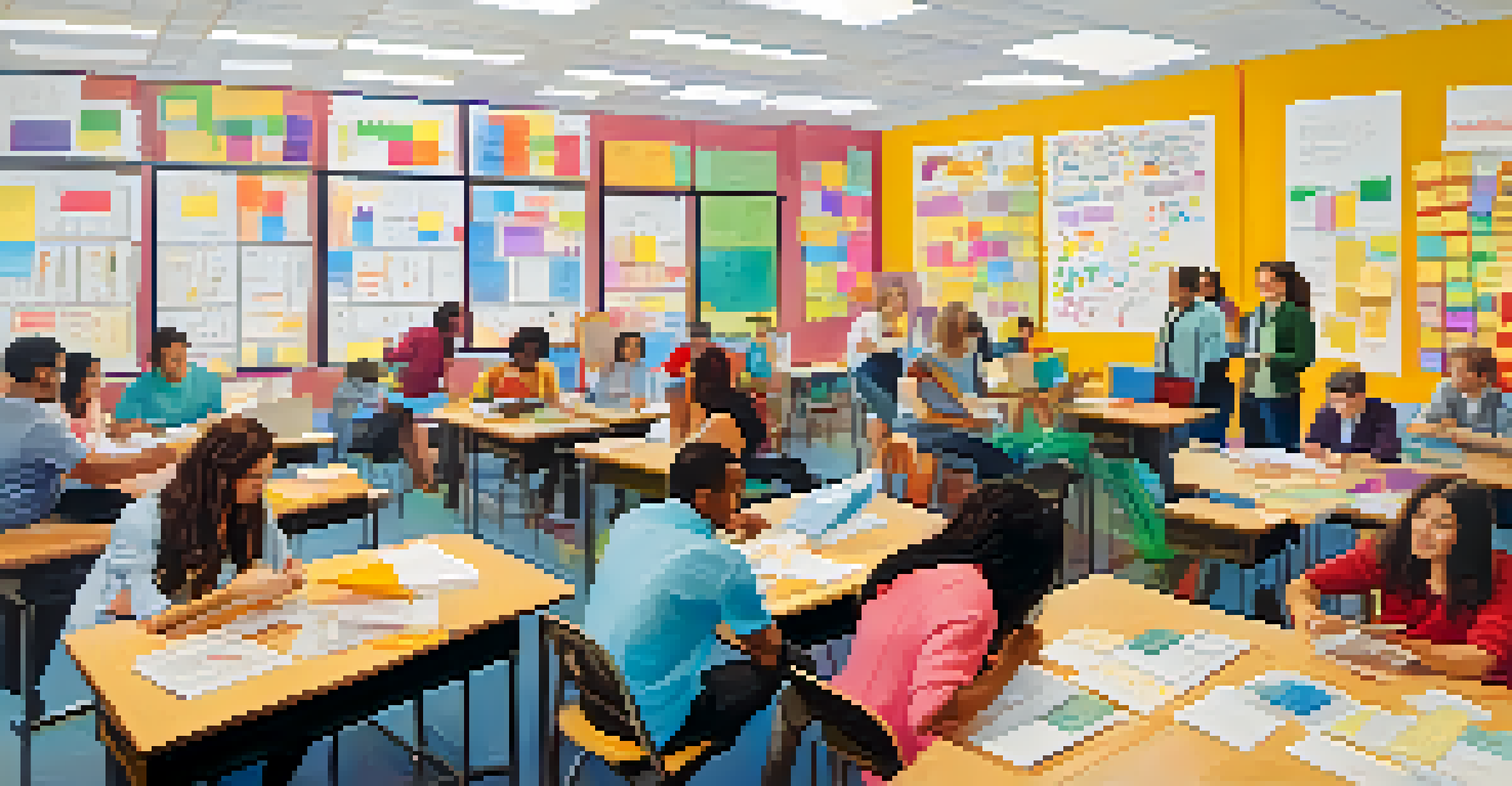 Adult learners collaborating on a project in a bright and colorful classroom, showcasing diverse backgrounds and animated discussions.