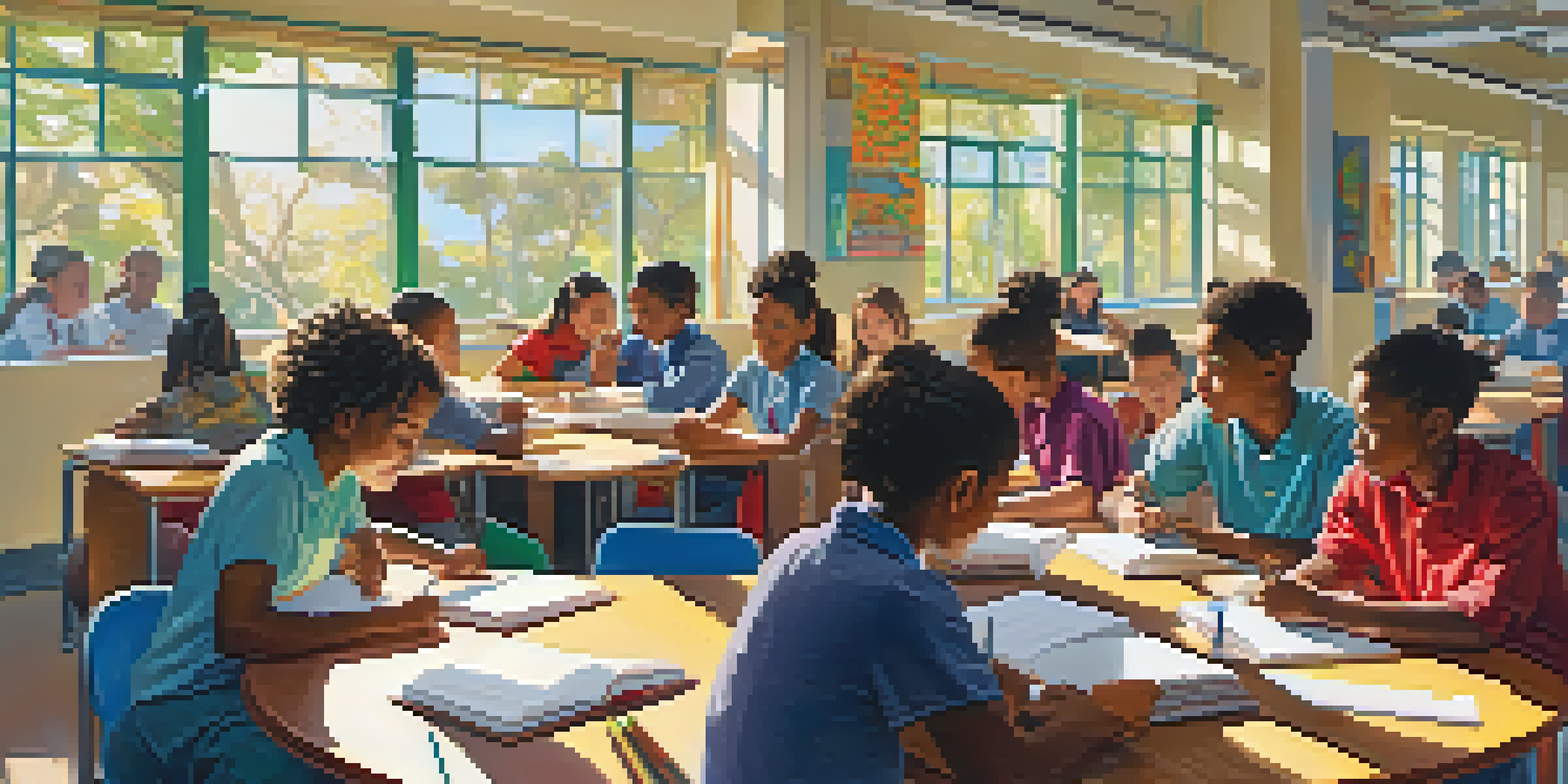 A lively classroom with diverse students collaborating on a project, surrounded by books and sunlight.