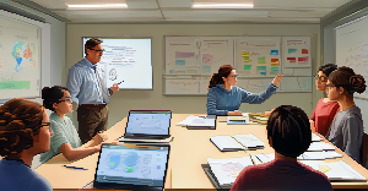 A teacher assisting students in a flipped classroom, focusing on a laptop screen, with diagrams on the whiteboard.