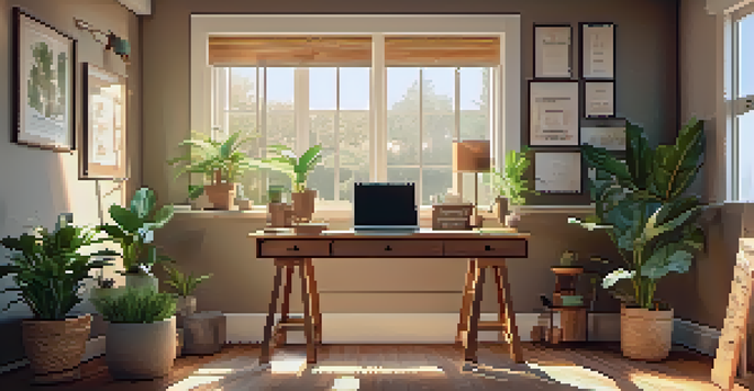 A warm and inviting home office scene with a laptop, notebooks, and plants, illuminated by sunlight.