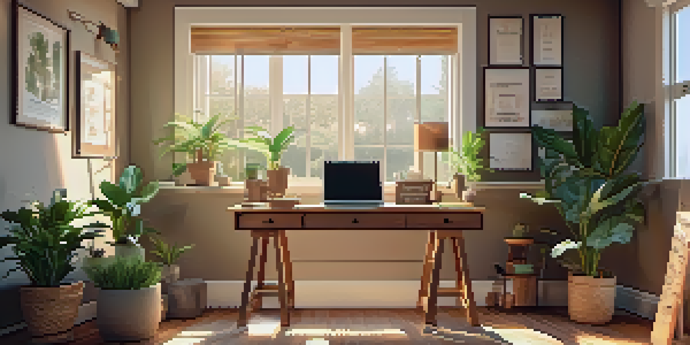 A warm and inviting home office scene with a laptop, notebooks, and plants, illuminated by sunlight.