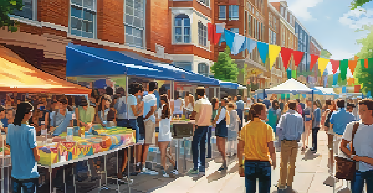 A community event with students interacting with local businesses at colorful stalls under a sunny sky.