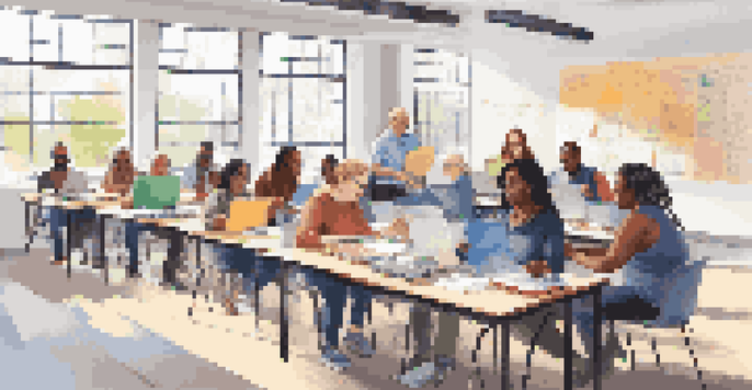 A diverse group of adult learners focused on a digital literacy class, with laptops and educational materials in a bright classroom.