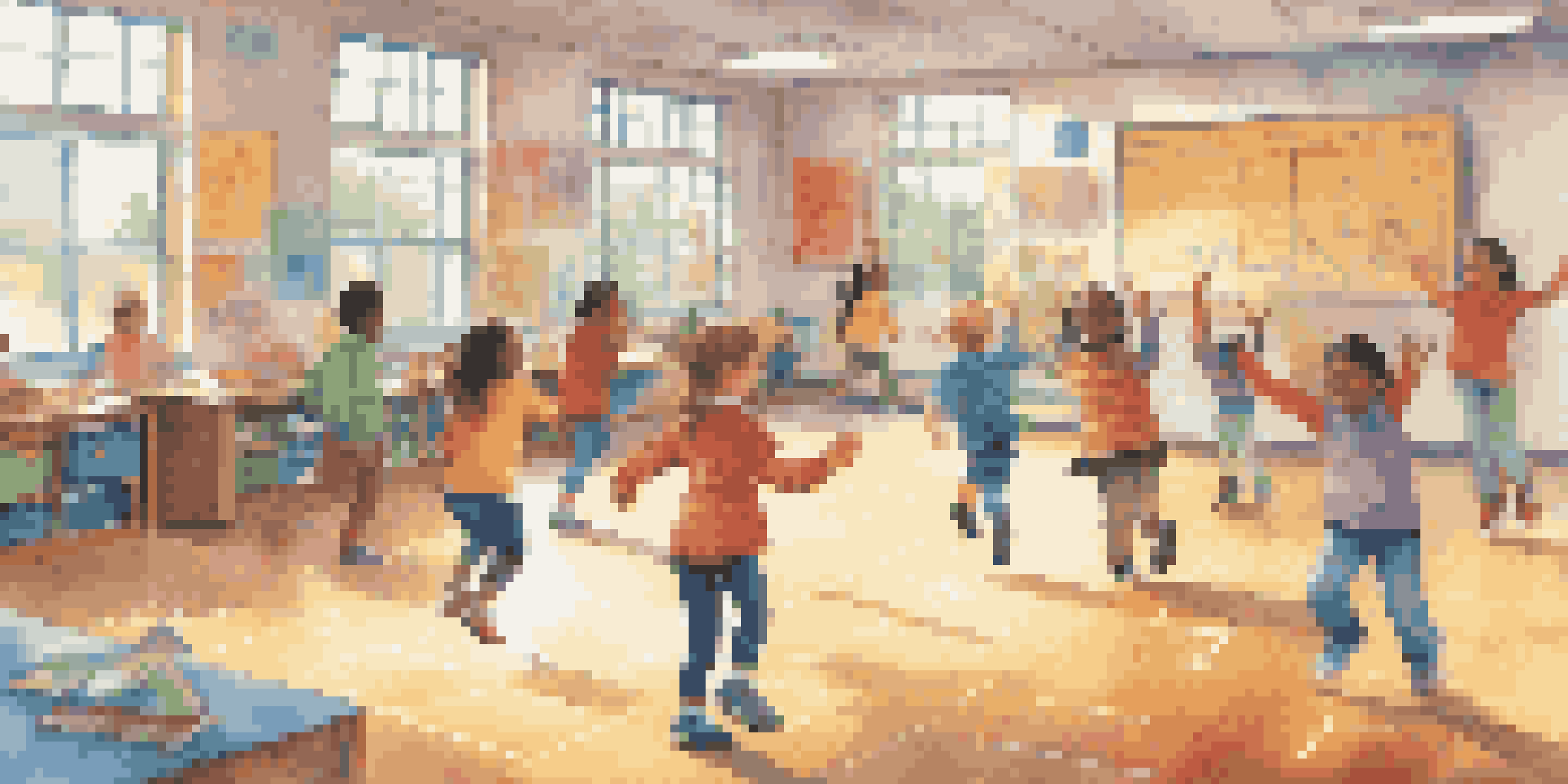 A colorful classroom with students playing hopscotch and moving around to learn various subjects, filled with natural light and educational decorations.