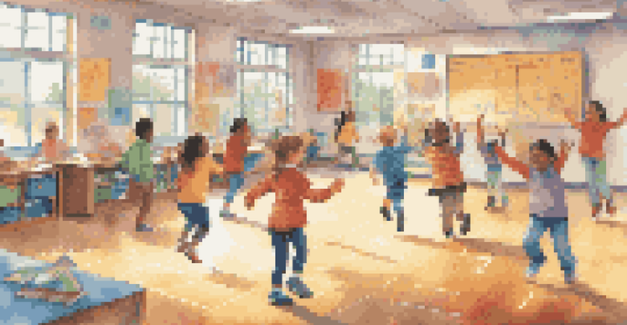 A colorful classroom with students playing hopscotch and moving around to learn various subjects, filled with natural light and educational decorations.