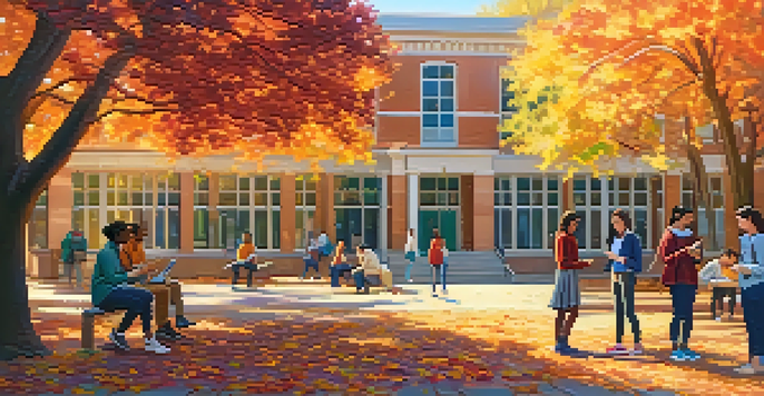 A colorful autumn college courtyard with diverse students using smartphones, capturing the essence of social interaction and engagement.