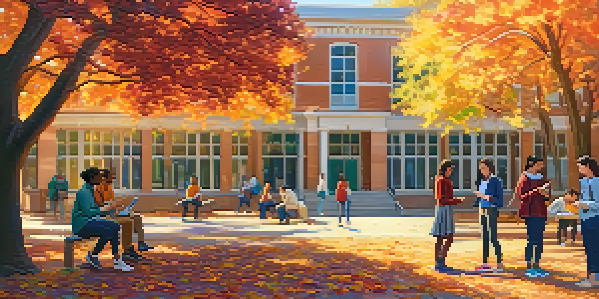 A colorful autumn college courtyard with diverse students using smartphones, capturing the essence of social interaction and engagement.