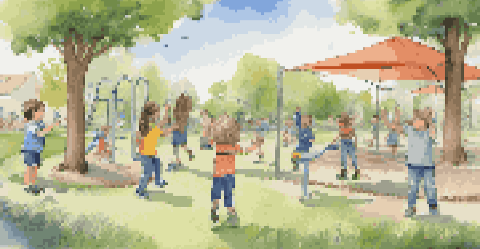 Children outdoors, using devices to find vocabulary words associated with objects, with floating text labels in a sunny park.