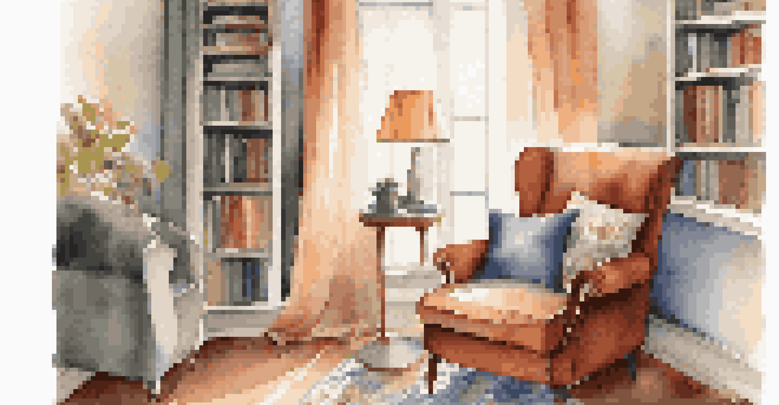 A cozy reading nook with an armchair, bookshelf, warm lighting from a lamp, and a cup of coffee on a side table.