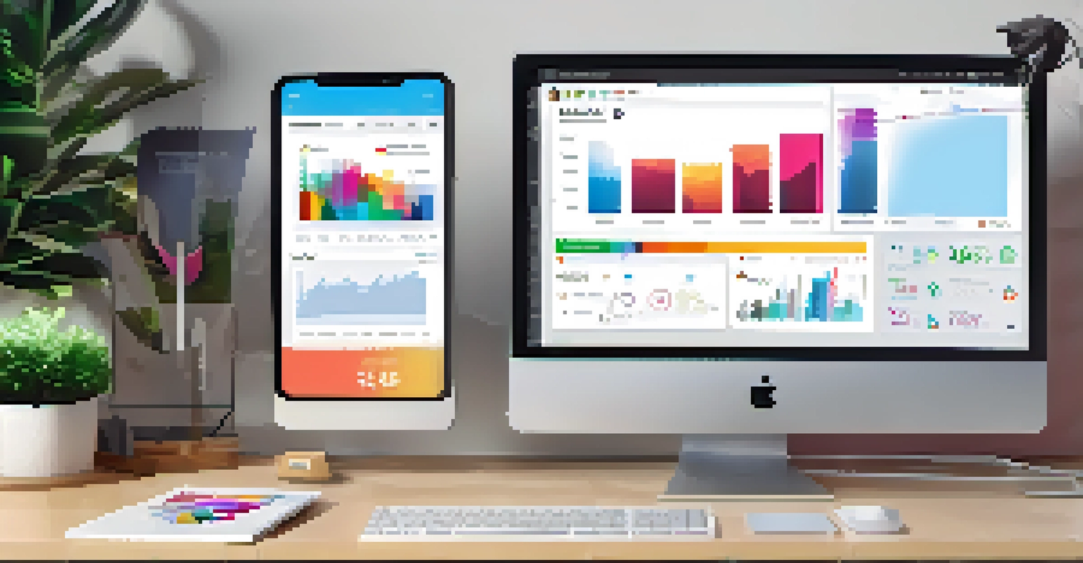 A computer screen displaying a vibrant social media dashboard with graphs and analytics, alongside a smartphone with notifications.