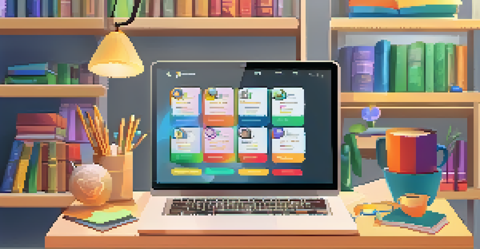 A laptop displaying a gamified CBT platform with badges and a leaderboard in a cozy study space, surrounded by books and stationery.