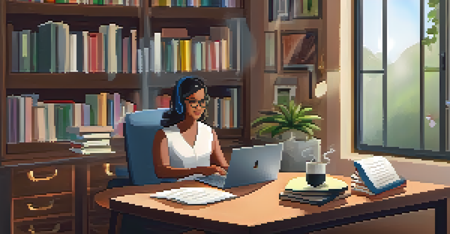 A teacher engaged in an online webinar at home, surrounded by books and a cozy office environment.