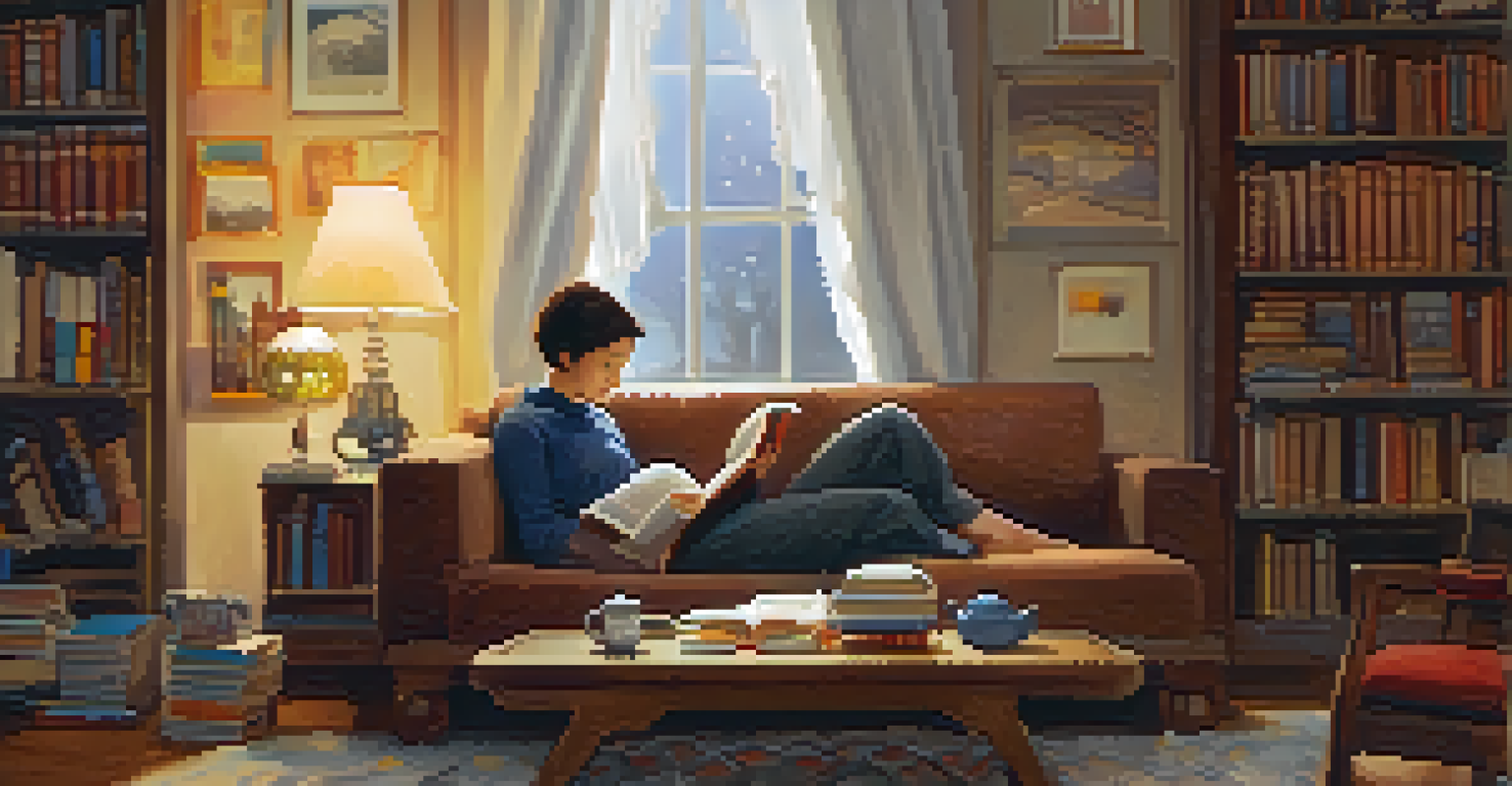 A comfortable living room scene with a person reading a foreign language book, a cup of tea nearby, and bookshelves in the background.