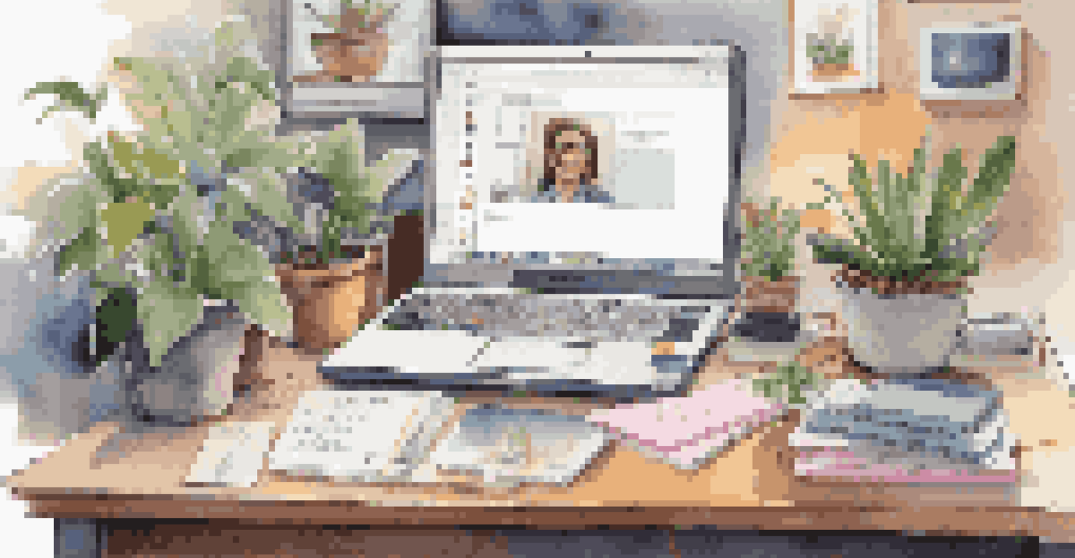 A cozy workspace with a laptop showing an online collaboration call among activists, filled with notes and plants in the background.