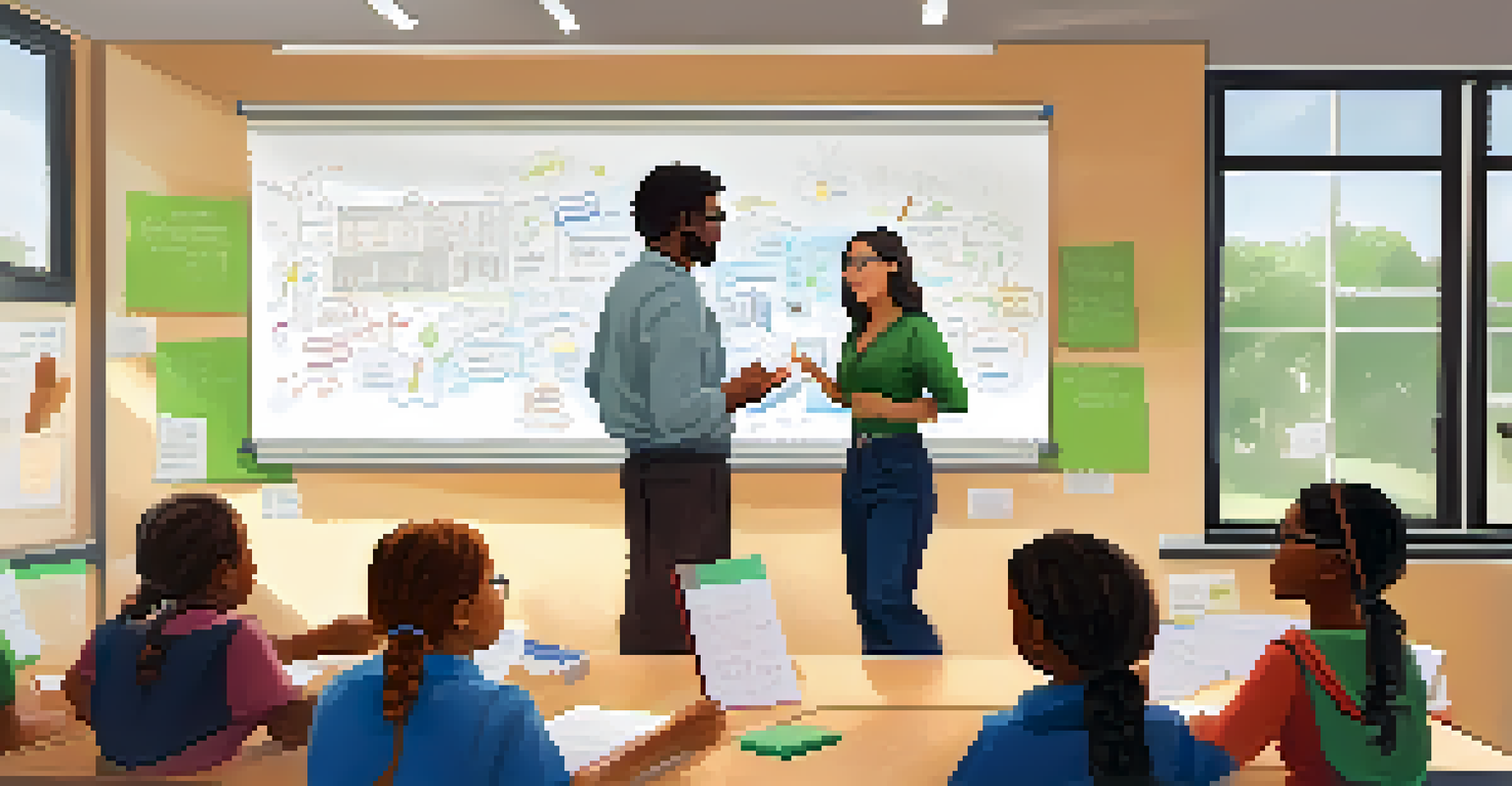 A teacher guiding students in a lively collaborative learning session in a bright classroom.
