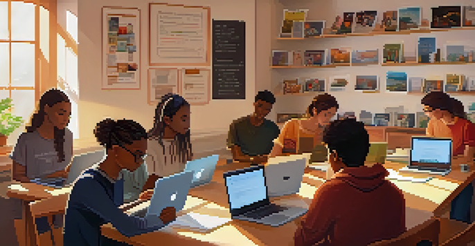 A group of diverse students working together on laptops in a cozy room filled with educational posters and books, illuminated by warm sunlight.