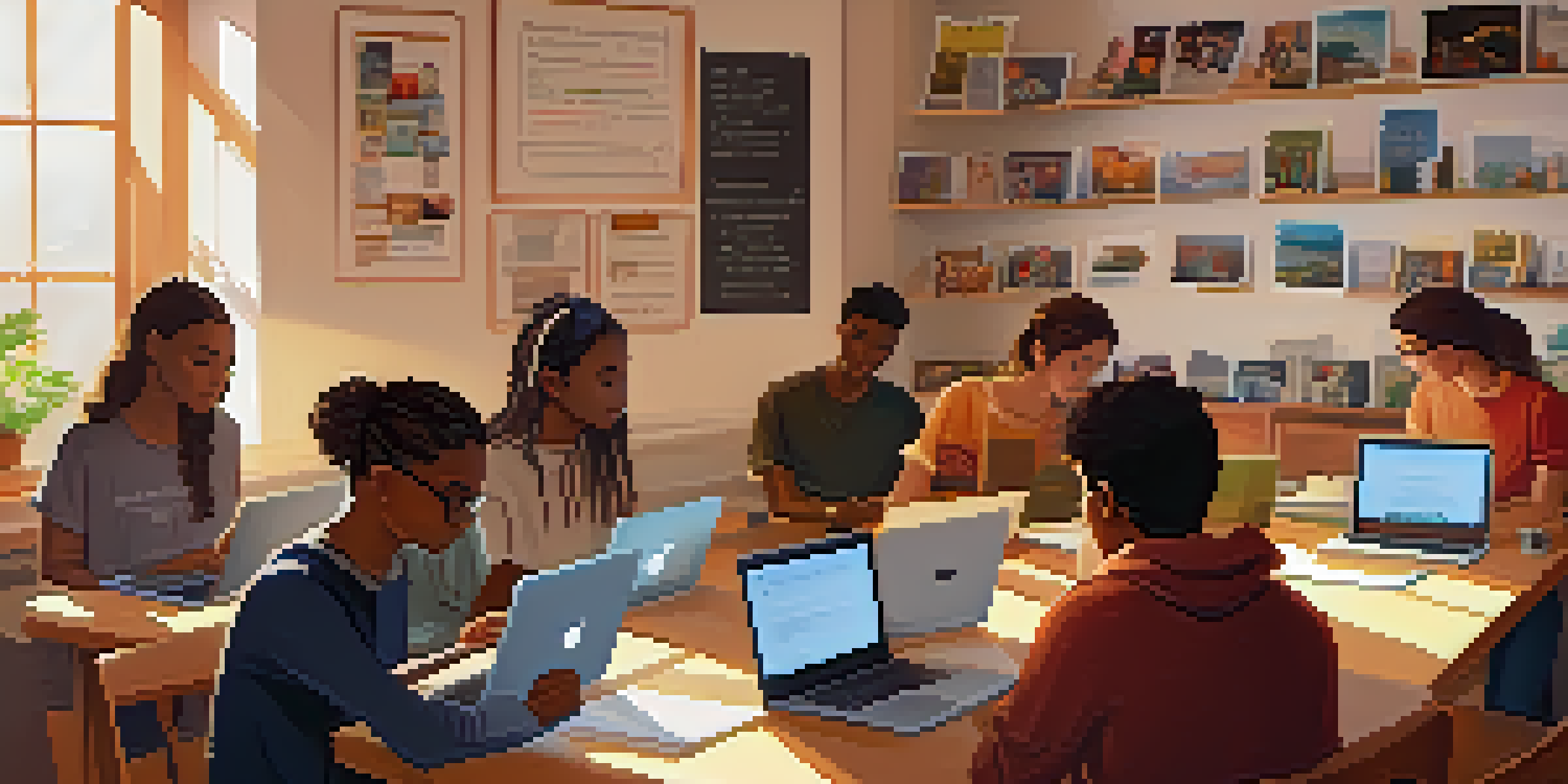 A group of diverse students working together on laptops in a cozy room filled with educational posters and books, illuminated by warm sunlight.