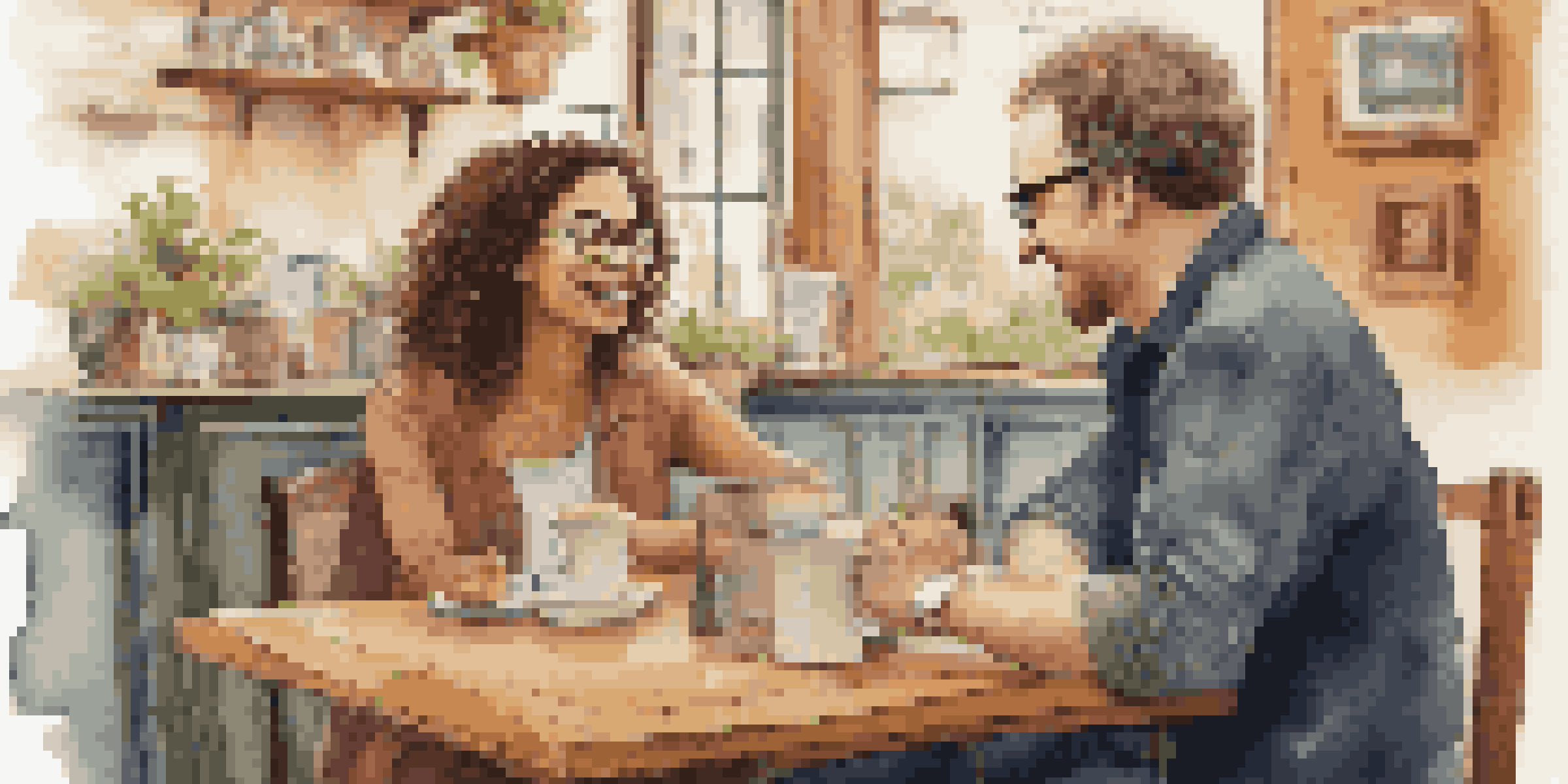 A young woman and a middle-aged man sitting in a café, engaged in a language exchange conversation over coffee.
