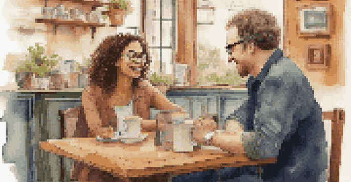 A young woman and a middle-aged man sitting in a café, engaged in a language exchange conversation over coffee.