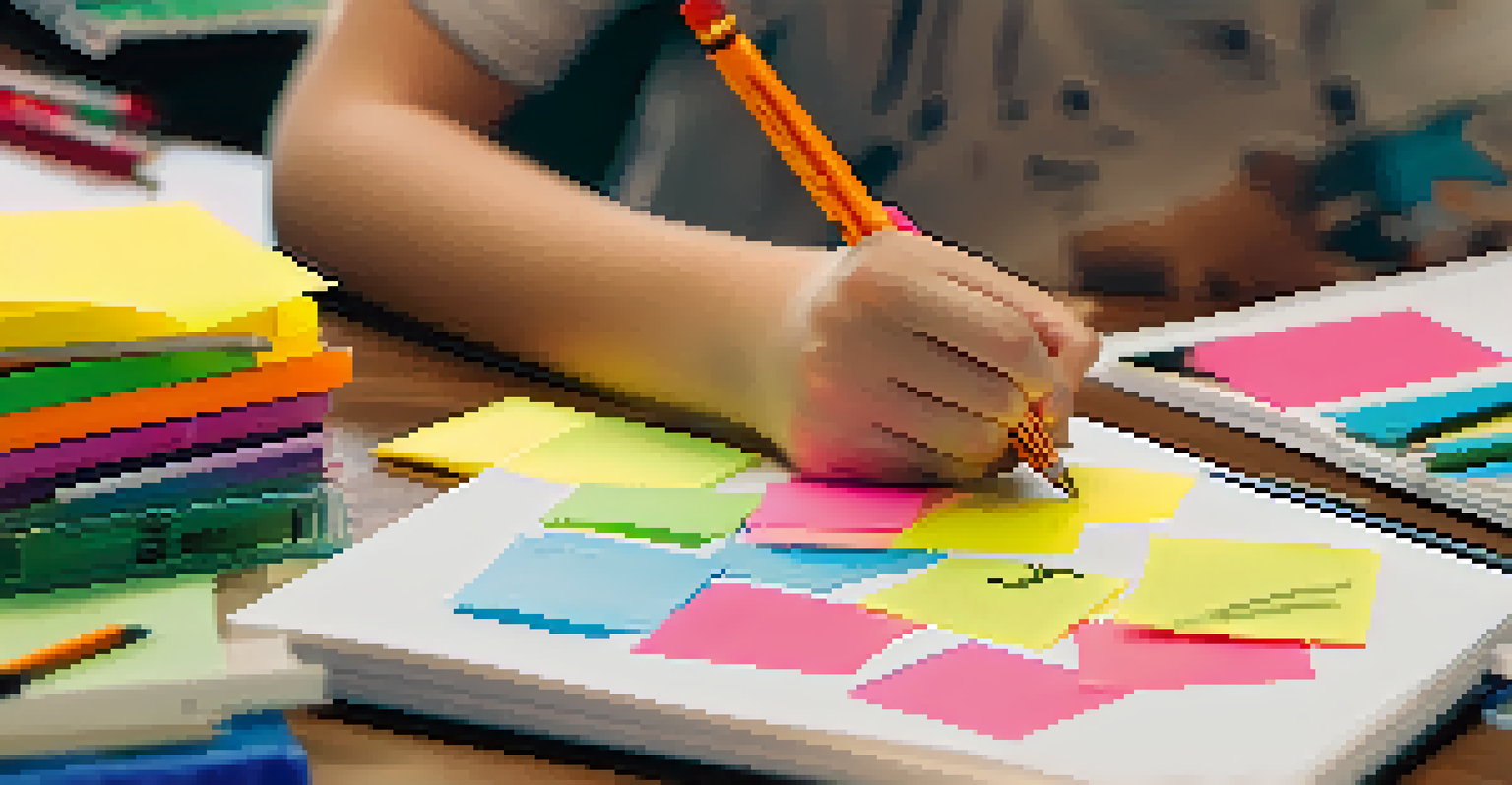 A student's hands writing feedback on a sticky note, surrounded by school supplies, highlighting their engagement in the learning process.